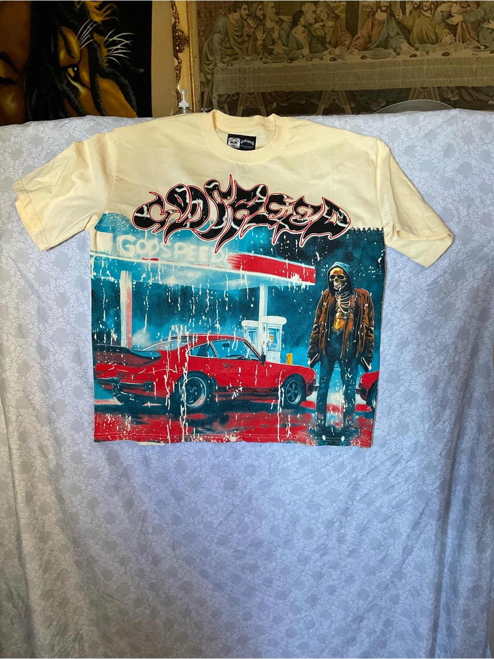 Godspeed Rock Skeleton Sports Car Print T-Shirt - Picture 5 of 8